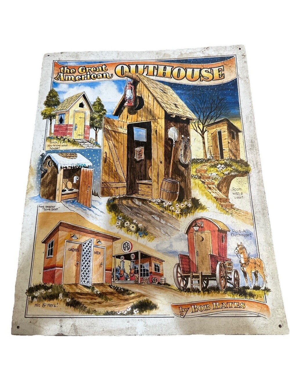 Great American Outhouse Metal Tin Sign Bob Bates Funny Bathroom Decor 2002